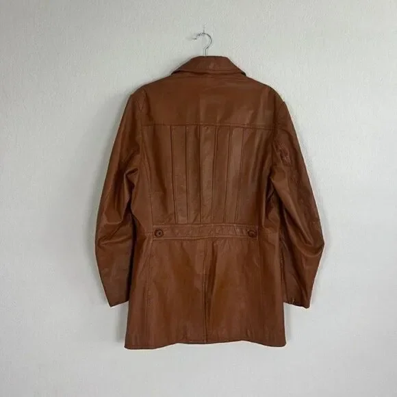 Vintage 70s Pampas Orange/Brown Leather Jacket Size 40 Button Up Mens Duster